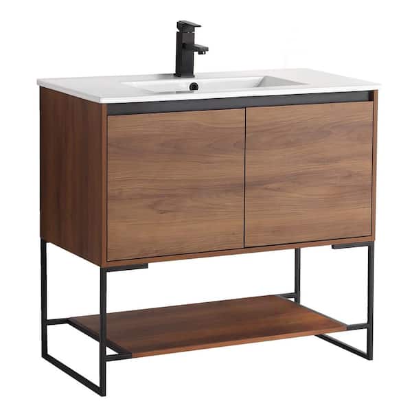 FINE FIXTURES Urbania 36 in. W x 18.5 in. D x 33.5 in. H Bath Vanity in Walnut with White Ceramic Vanity Top with White Basin