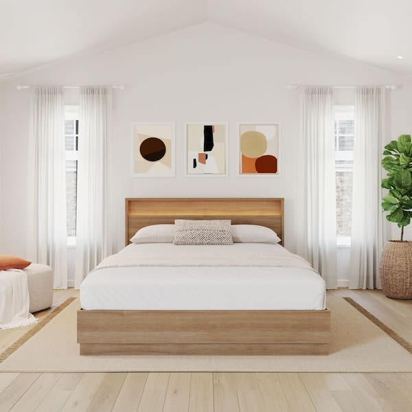 Harlow Brown Oak Frame Queen Size Platform Bed with Lighted Headboard