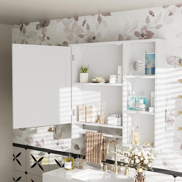 Cesicia 28.85 in. W x 28 in. H Rectangular Surface Mount White Bathroom Medicine Cabinet with Mirror and 2 Open Shelves