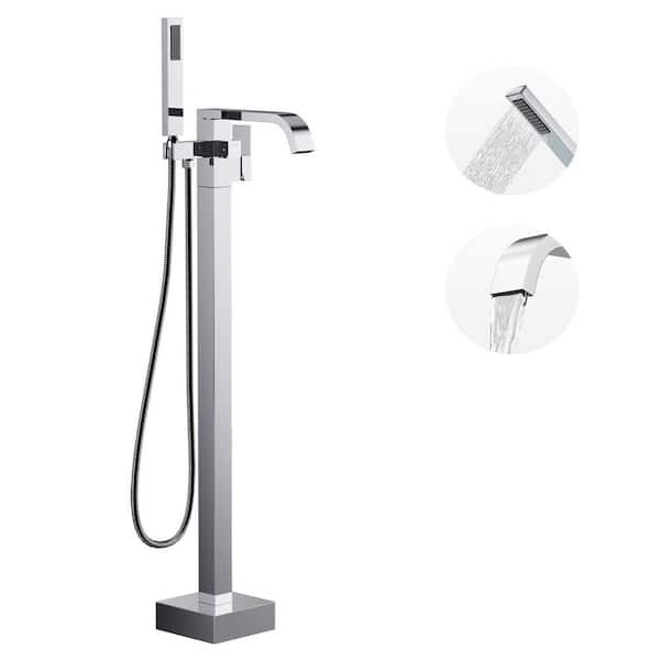 WOWOW Waterfall Single-Handle Freestanding Tub Faucet with Handshower, Floor Mounted Tub Filler Faucet in. Polished Chrome