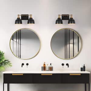 Modern 2-Light Black Vanity Light with Brass Plated Metal Arm White Inner Bell Shades for Bathroom Round/Arched Mirror