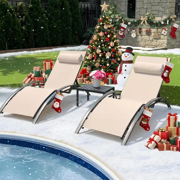Patio Chaise Lounge Set Outdoor Beach Pool Sunbathing Lawn Lounger Recliner Chair Side Table Included