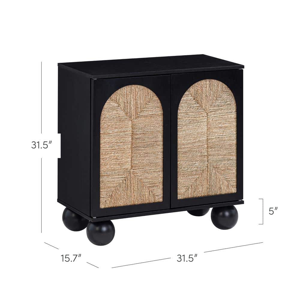 Black Boho Storage Cabinet with Seagrass Doors and Solid Wood Legs