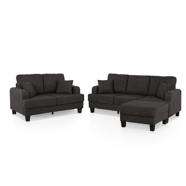 Colby 3-Piece Dark Gray Boucle Fabric Small Space Living Room Set with USB Ports and Cup Holders