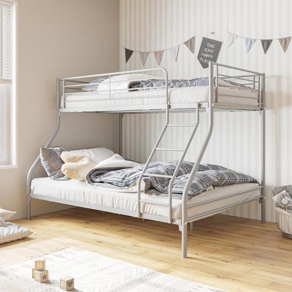 GOJANE Silver Twin-Over-Full Heavy Duty Metal Bunk Bed, Easy Assembly with Enhanced Upper-Level Guardrail