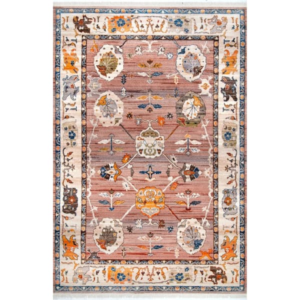nuLOOM Vintage Brandi Floral Fringe Light Brown 4 ft. x 6 ft. Area Rug