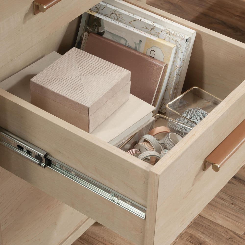 Natural Maple L-Shaped Computer Desk with Drawers and Keyboard Tray