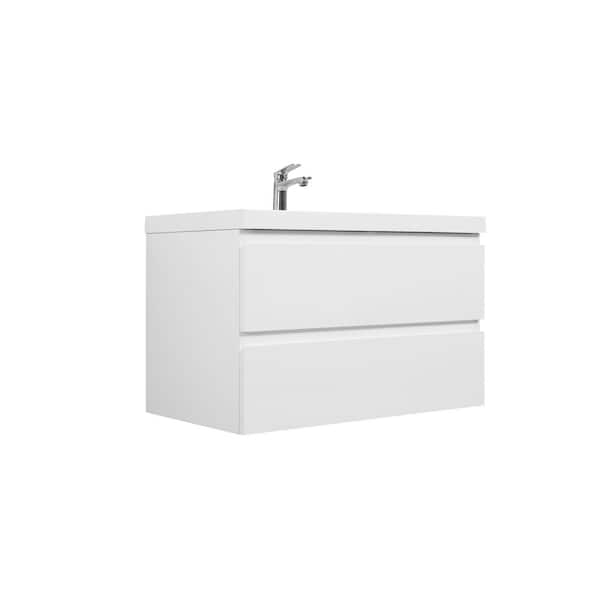 Oasis 35.4 in. Modern Wall-Mounted Floating Glossy White Bath Vanity with White Resin Top, Drawers, MDF