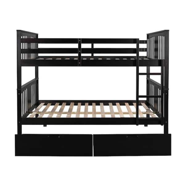 URTR Espresso Full Over Full Bunk Bed with Drawers, Wood Bunk Bed Frame with Ladder for Bedroom, Guest Room Furniture