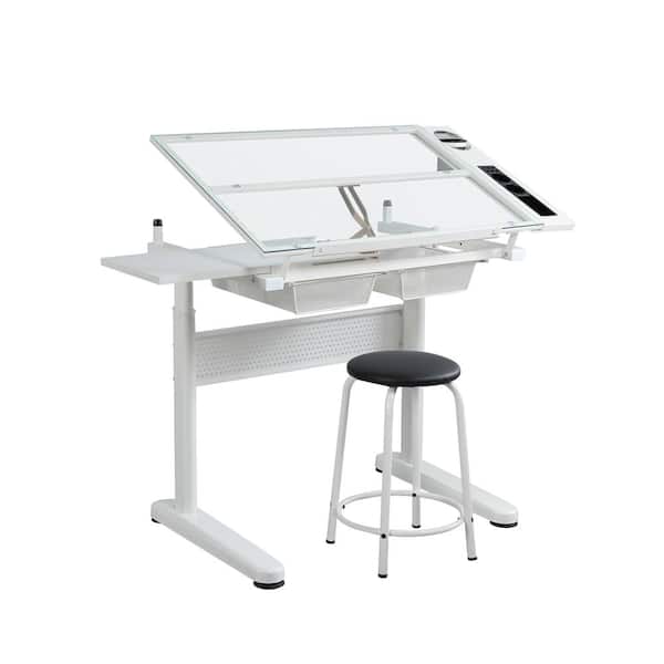 38 in. Rectangular White Tempered Glass Hand Crank Adjustable Drafting Table Drawing Desk with 2-Drawer and Stool