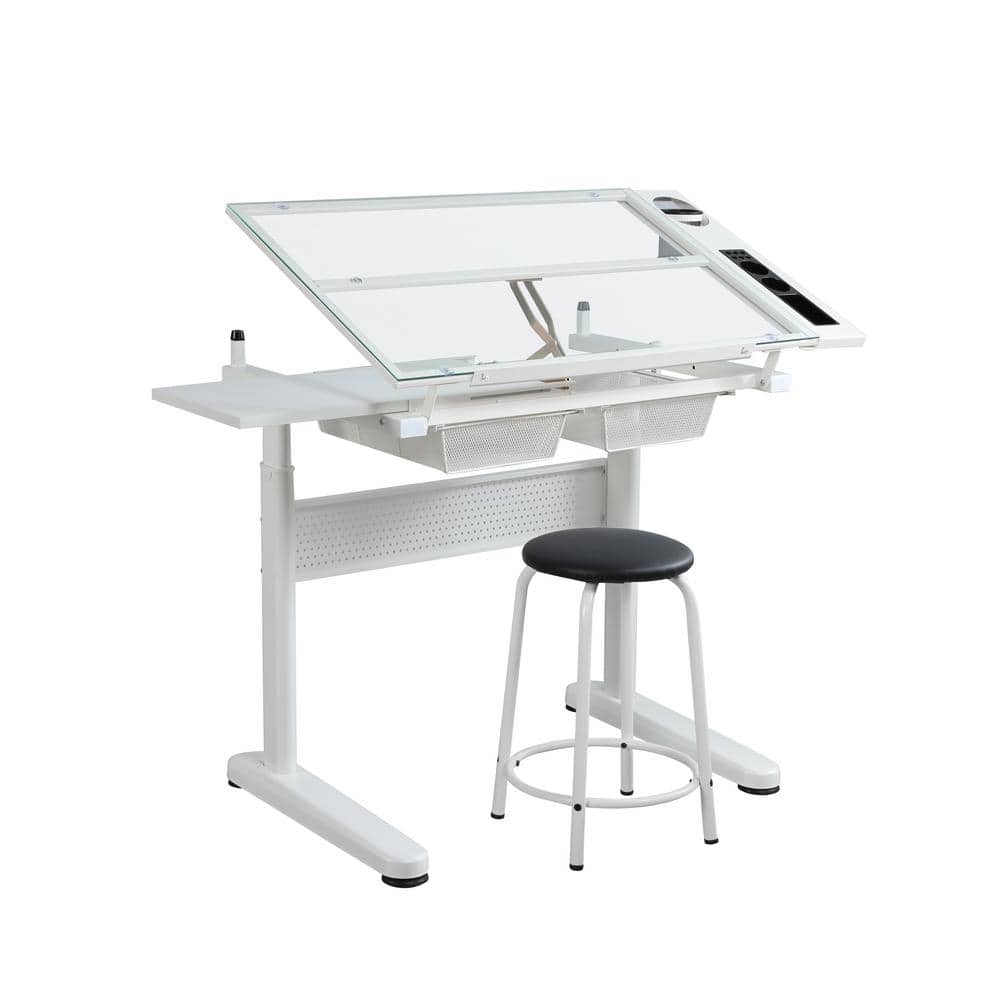 38 in. Rectangular White Tempered Glass Hand Crank Adjustable Drafting Tabl