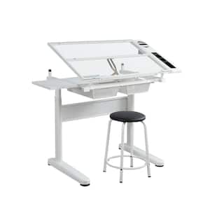 38 in. Rectangular White Tempered Glass Hand Crank Adjustable Drafting Table Drawing Desk with 2-Drawer and Stool