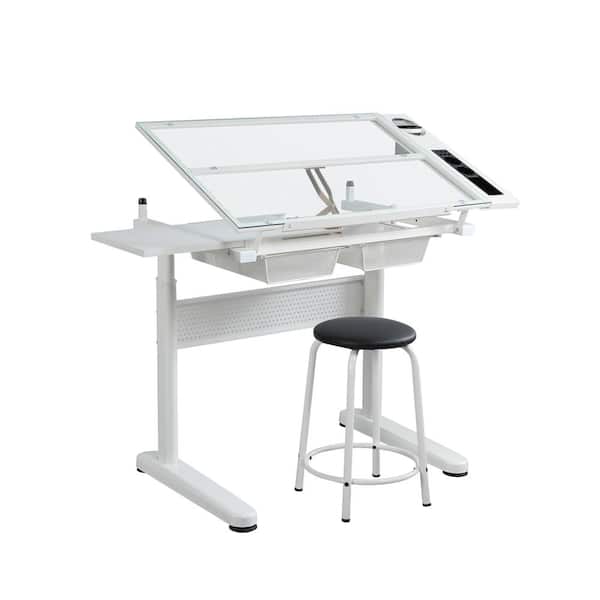 Unbranded 38 in. Rectangular White Tempered Glass Hand Crank Adjustable Drafting Table Drawing Desk with 2-Drawer and Stool