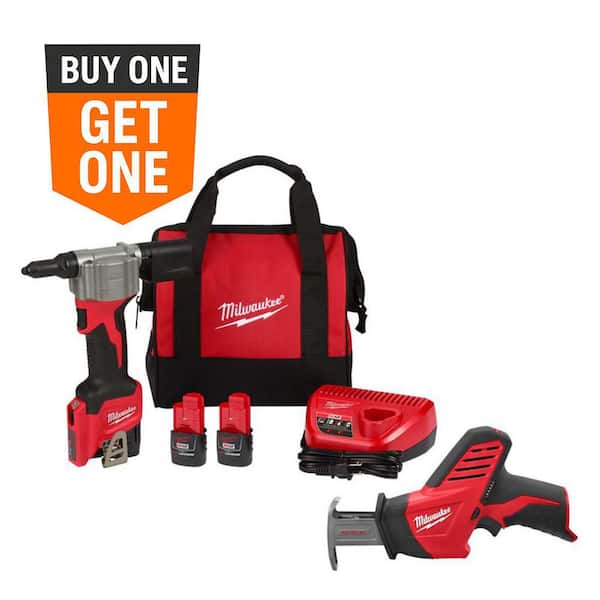 M12 12-Volt Lithium-Ion Cordless Rivet Tool Kit with (2) 1. 5Ah Batteries, Charger & M12 HACKZALL Reciprocating Saw