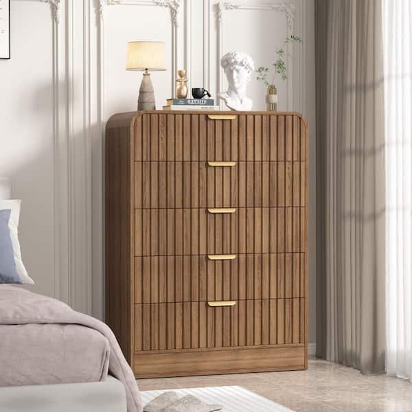 Brown 5-Drawer 31.5 in.W MDF Chest of Drawers, Waveform Fluted Design Bedroom Dresser, Round Corner