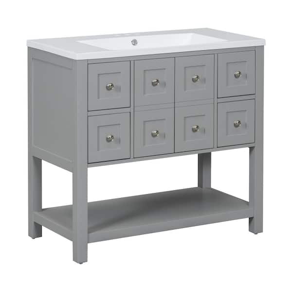 JimsMaison 36 in. W x 18 in. D x 34 in. H Single Sink Freestanding Bath Vanity in Grey with White Resin Top