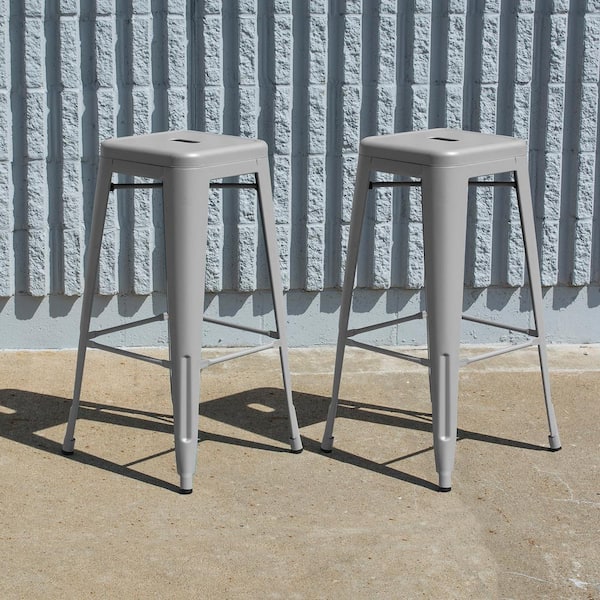 30 in. Gray Metal, Backless, Zinc Plated, Outdoor Use Bar Stool (Set of 2)
