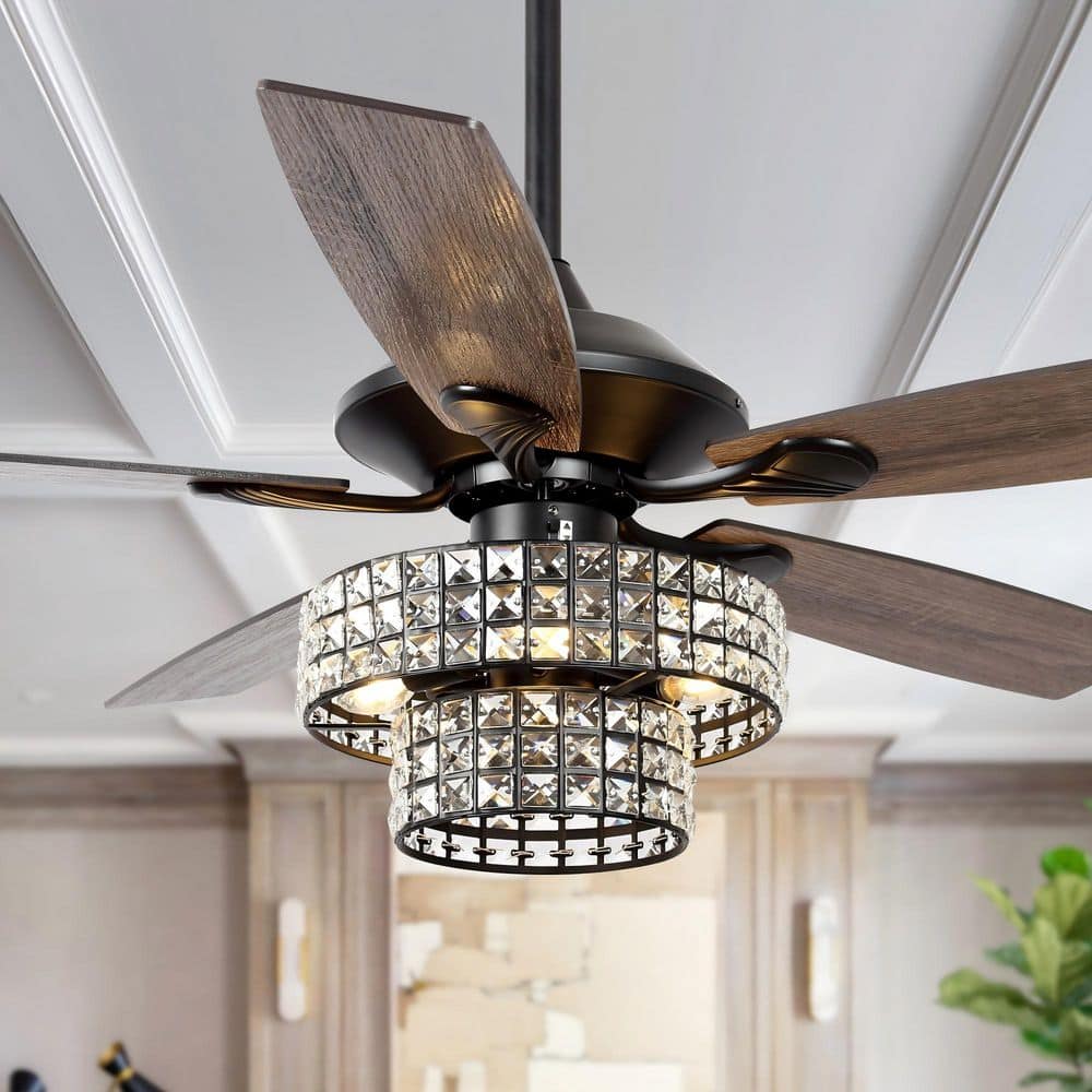 52 in. Indoor Black Crystal Chandelier Ceiling Fan with Light and Remote Control price history on PriceWatchPro