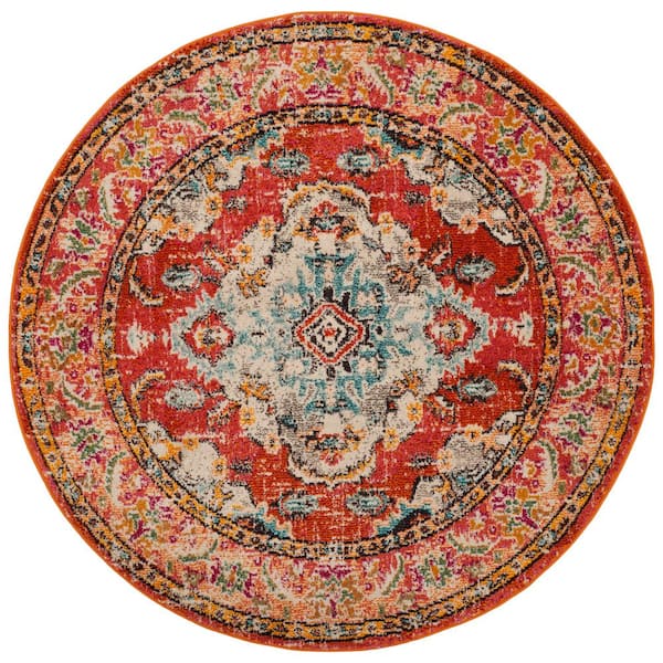 SAFAVIEH Monaco Orange/Light Blue 3 ft. x 3 ft. Distressed Border Medallion Round Area Rug