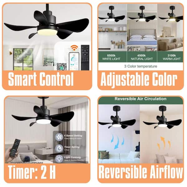 28 In. Downrod Mount Ceiling Fans with Lights and Remote/APP Control, with 5 Reversible Blades,3 Colors,6 Speeds,Black