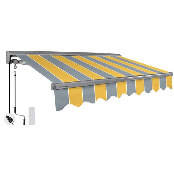 Advaning 12 ft. Classic Series Semi-Cassette Electric w/ Remote Retractable Patio Awning, Yellow Gray Stripes (10 ft Projection)