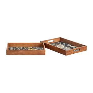 Floral and Wood Decorative Rectangle Tray (Set of 2)