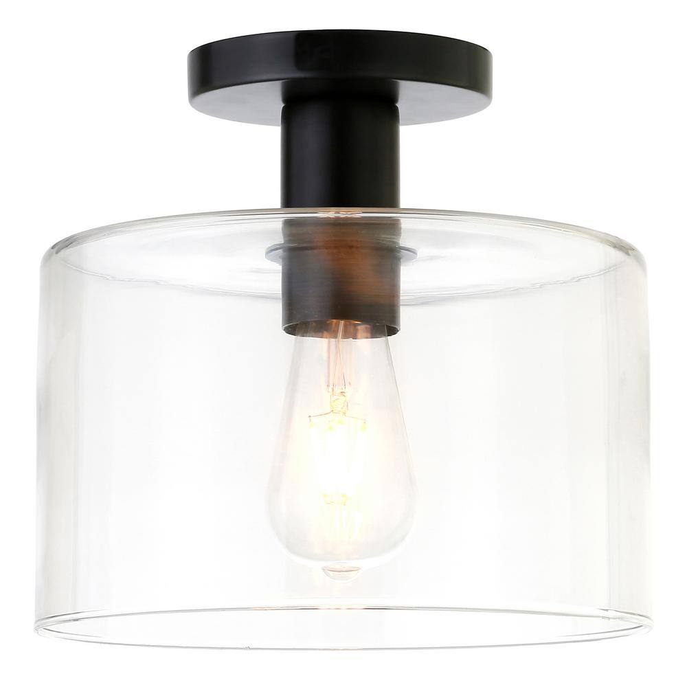Industrial Matte Black 10" Drum Ceiling Light with Clear Glass Shade