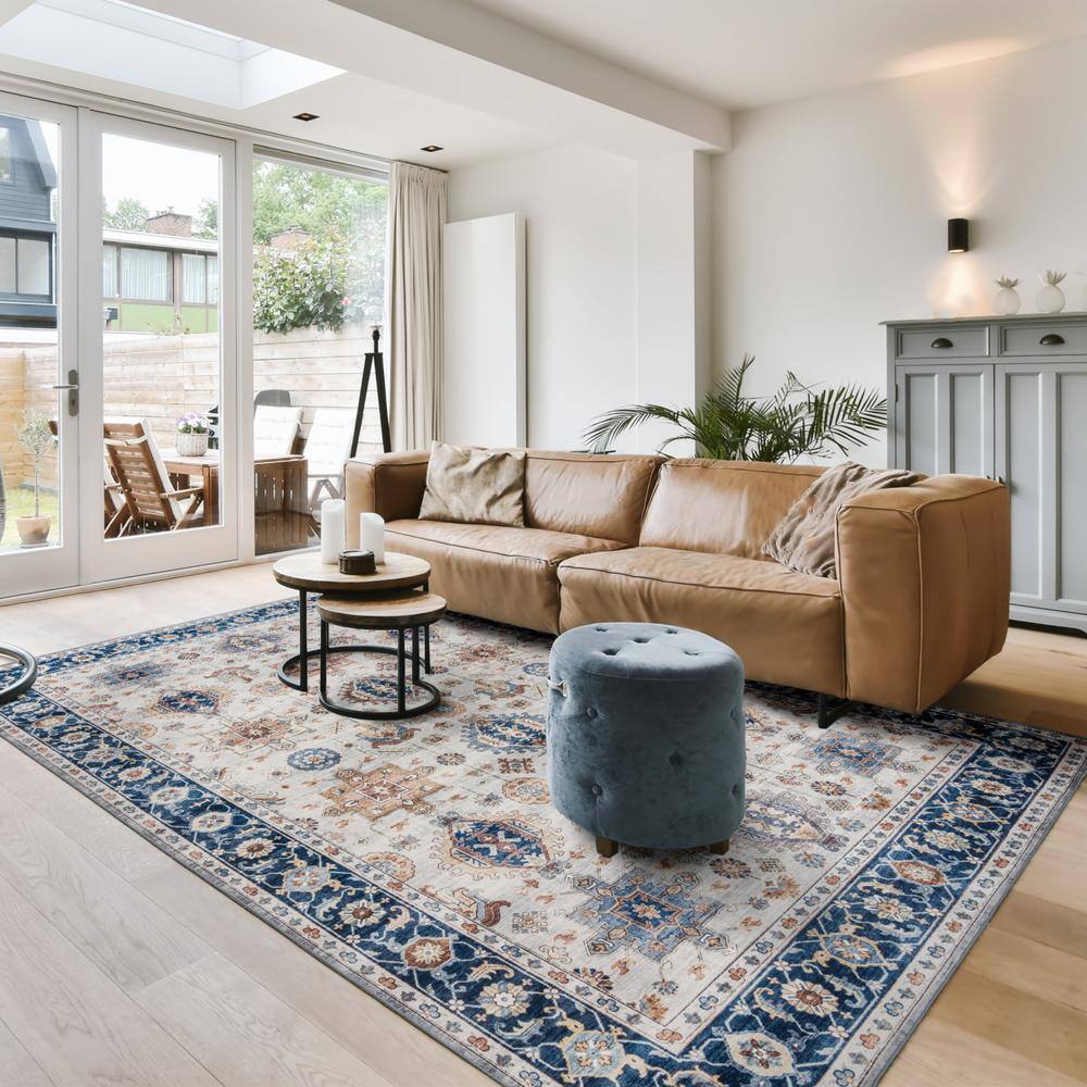 Micah Blue and Beige Synthetic Washable Rectangular Area Rug