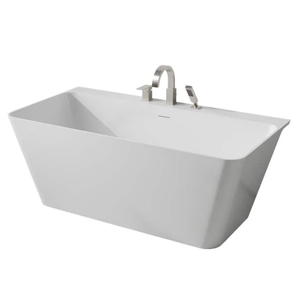 Vault Series 59 in. x 30 in. Flat Bottom Acrylic Freestanding Soaking Bathtub with Center Drain, Brushed Nickel Faucet
