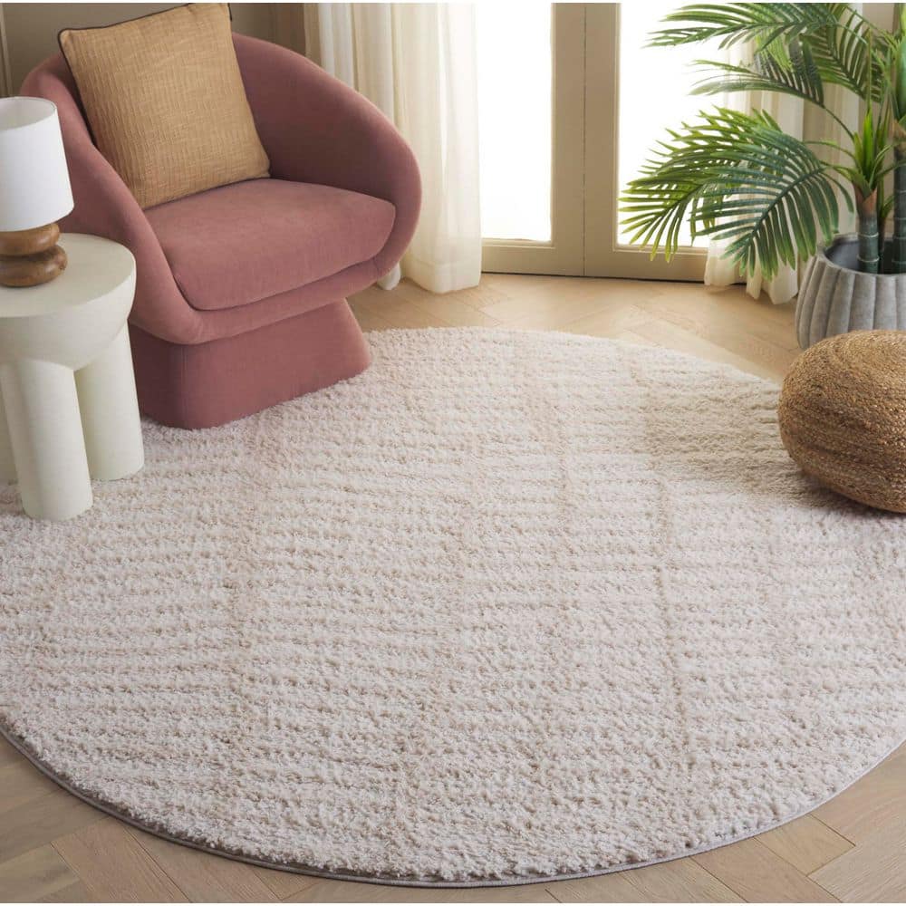SAFAVIEH Rumi Shag 7 ft. x 7 ft. Ivory/Light Beige Striped Round Area ...