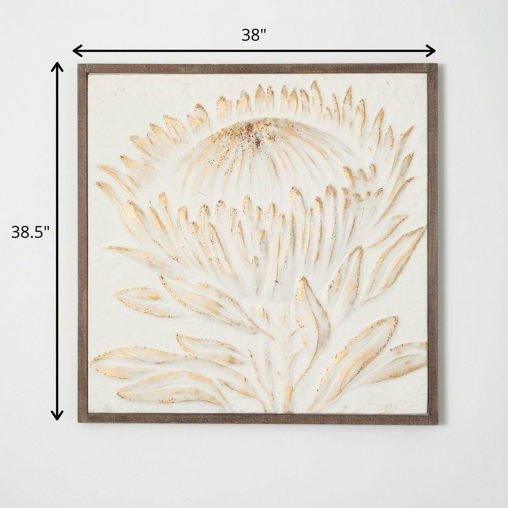 Gold-Brushed Embossed Protea Artwork with Weathered Wood Frame