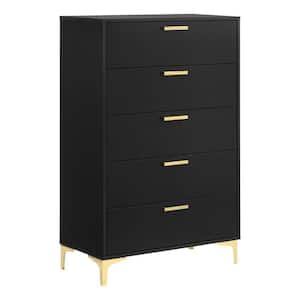 15.75 in. Black and Gold 5-Drawer Wooden Tall Dresser Chest of Drawers