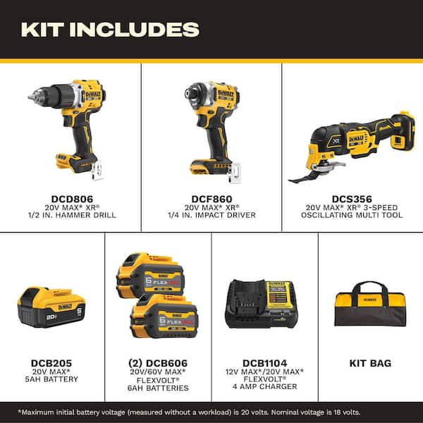 20V MAX Lithium-Ion Cordless 3-Tool Combo Kit with (2) FLEXVOLT 6.0 Ah Batteries and Charger