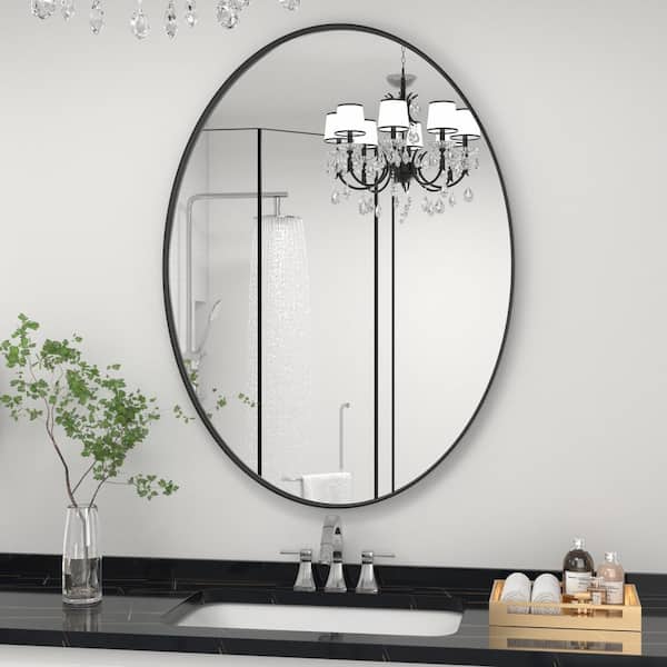 24 in. W x 36 in. H Medium Oval Iron Framed Wall Mounted Bathroom Vanity Mirror Wall Mirrors in Black