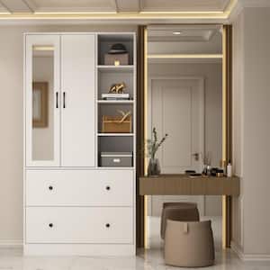 White Wood Armoires Wardrobe W/Mirror, Pulling Hanging Rod, Drawers and Shelves( 15.8 in. D x 35.5 in. W x 70.8 in. H)