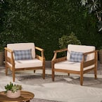 Aston Teak Brown Removable Cushions Wood Outdoor Lounge Chair with Cream Cushion (2-Pack)