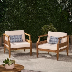 Aston Teak Brown Removable Cushions Wood Outdoor Patio Lounge Chair with Cream Cushion (2-Pack)