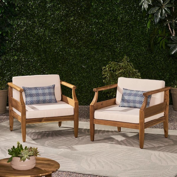 Noble House Aston Teak Brown Removable Cushions Wood Outdoor Patio Lounge Chair with Cream Cushion (2-Pack)