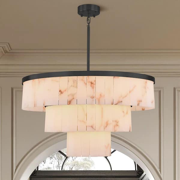 34 in. 15-Light Dimmable Alabaster Black LED Round 3-Tiers Chandelier, for Living Room, Dining Room, Kitchen Island
