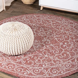 Charleston Red/Beige 5 ft. Vintage Filigree Textured Weave Round Indoor/Outdoor Area Rug