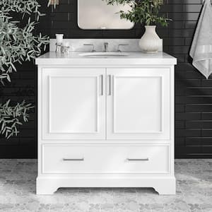 Stafford 36 in. W x 22 in. D x 36 in. H Single Sink Freestanding Bath Vanity in White with Carrara White Marble Top