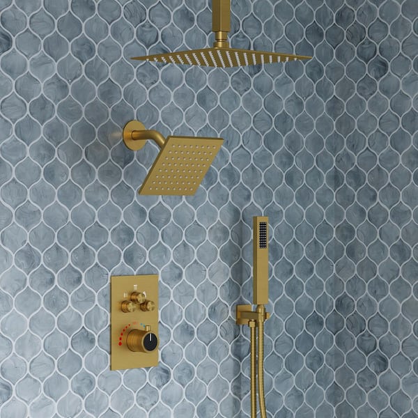 YAWWALK Thermostatic 7-Spray 12 in. Ceiling Mount Dual Shower Head
