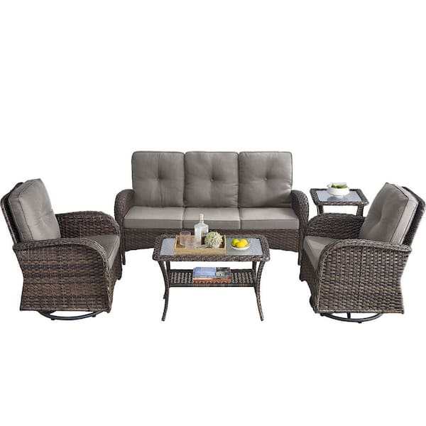 Brown 5-Piece Wicker Patio Conversation Set with Swivel Rockers, Outdoor Sofa Seating Set with Blue Cushions