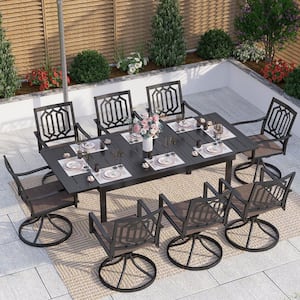 Black 9-Piece Metal Outdoor Patio Dining Set with Extendable Table and Fashion Swivel Chairs