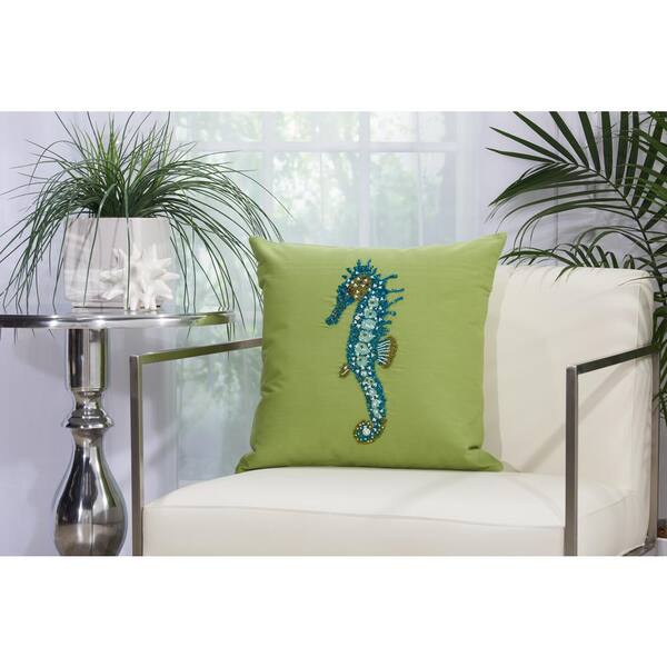 Mina Victory Beaded Seahorse Green Animal Print Stain Resistant Polyester 18 in. x 18 in. Throw Pillow