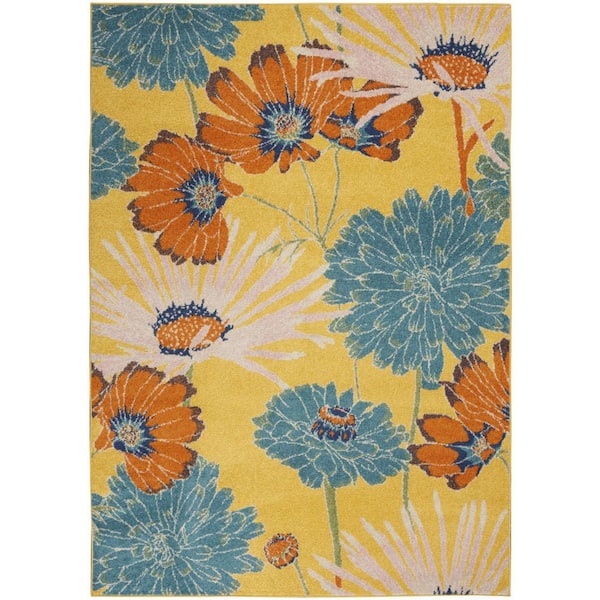 4 ft. x 6 ft. Yellow Floral Power Loom Area Rug