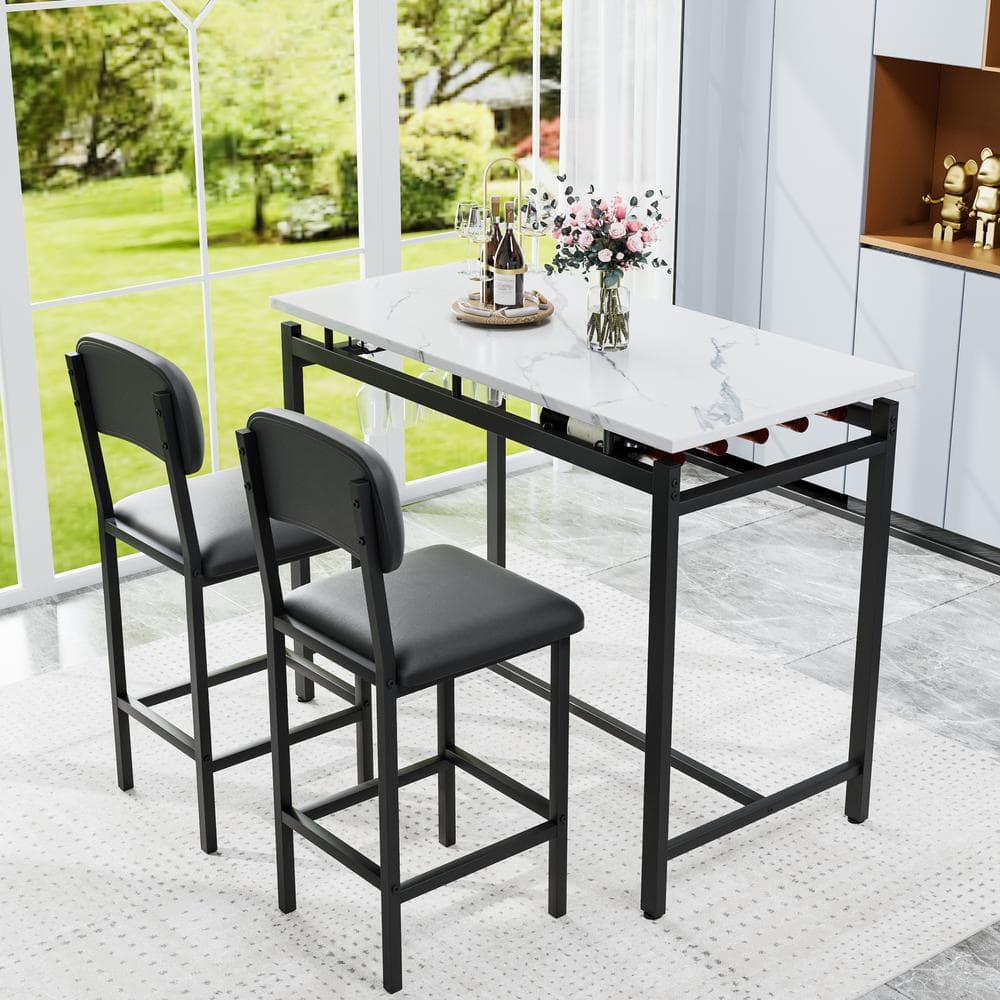 3-Piece Metal Outdoor Dining Bar Table Set, with 2 Upholstered Cushions, fo