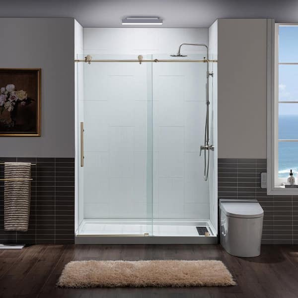 WOODBRIDGE 60 in. W x 76 in. H Sliding Frameless Shower Door in Brushed Bronze Finish with 3/8 in. Clear Glass