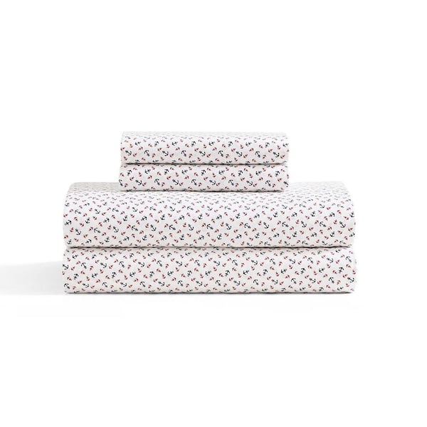 Atlantic Anchors 4-Piece White/Red/Blue Cotton Queen Sheet Set