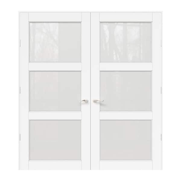 72 x 96 in. 3-Lite Frosted Glass Universal White Solid Core Glass Double Prehung French Door Plus Quick Assemble Jamb